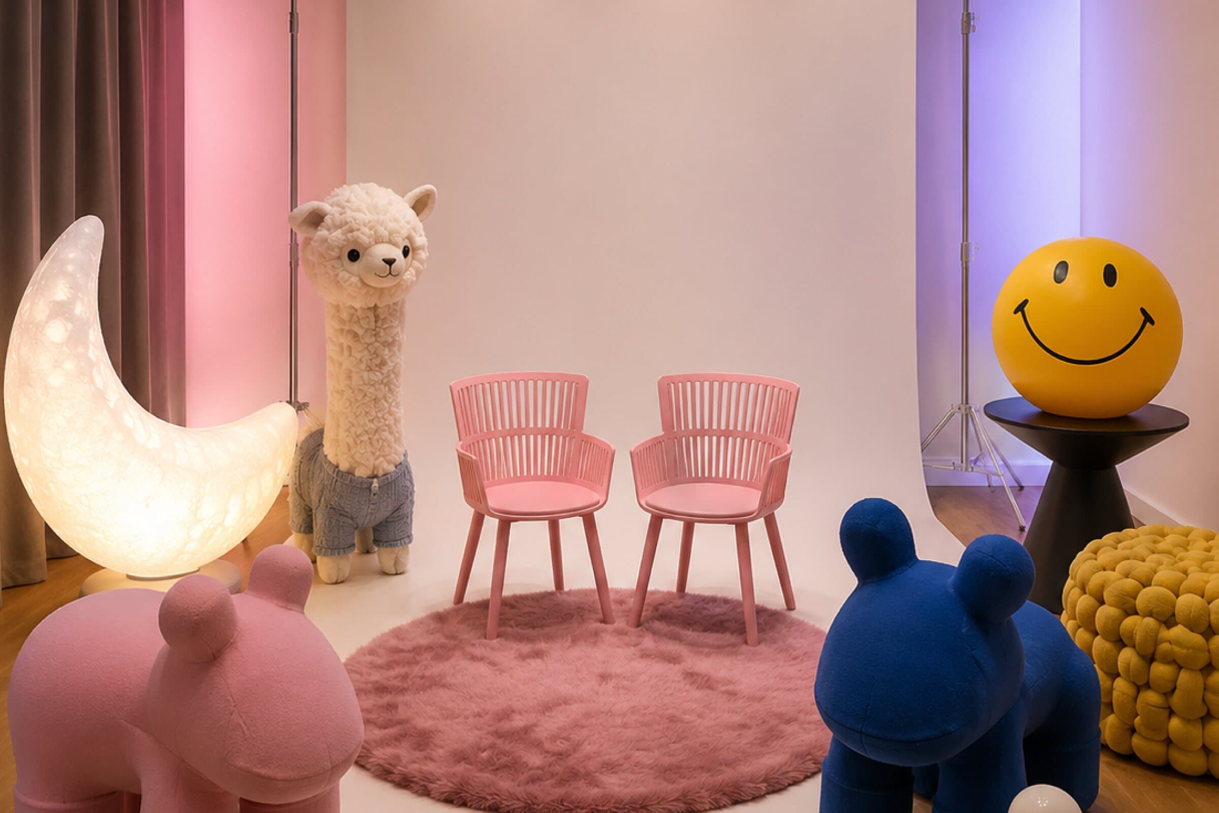 Children's studio with a pastel set, toy animals and a smiley lamp