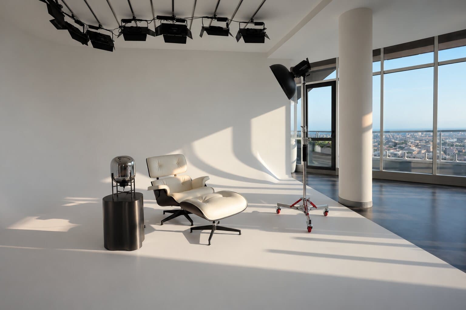 Лаунж-кресло Eames на залитой солнцем циклораме и софтбокс