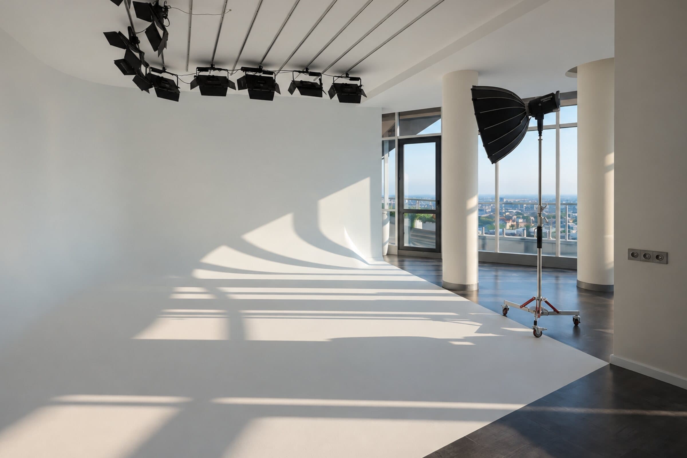 White cyclorama with a ceiling light rig and panoramic windows