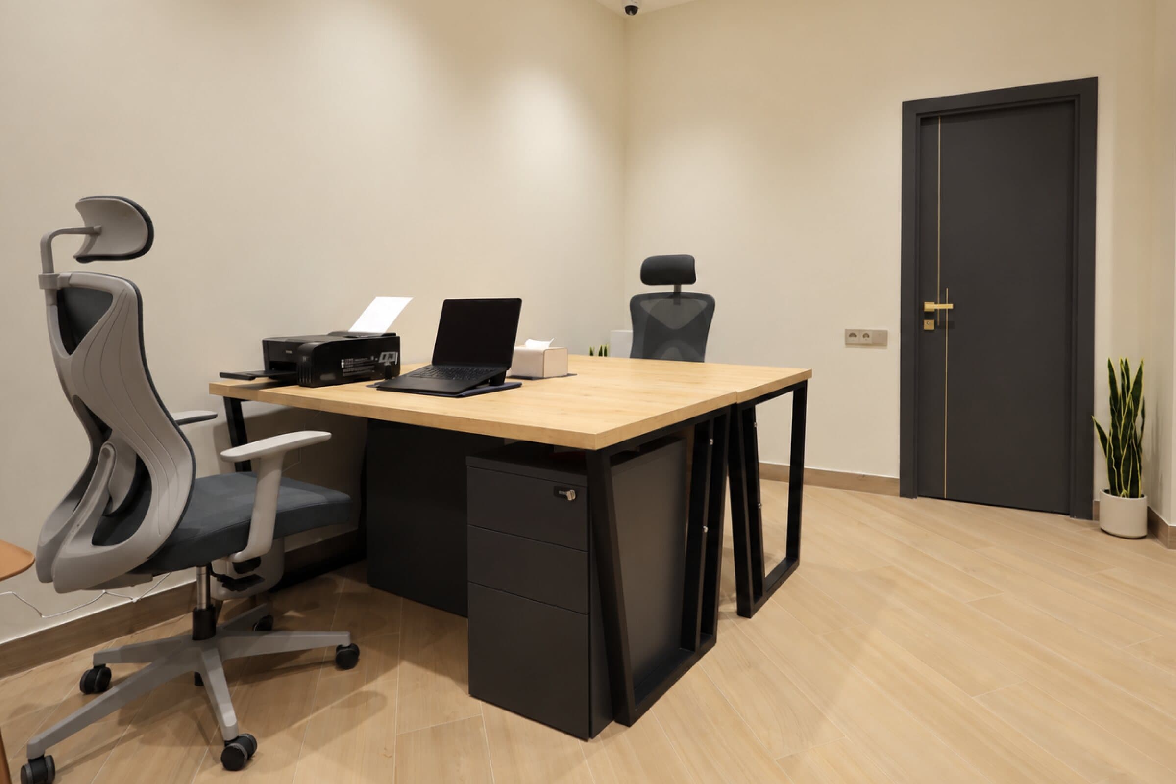 Office with a desk, ergonomic chair and printer