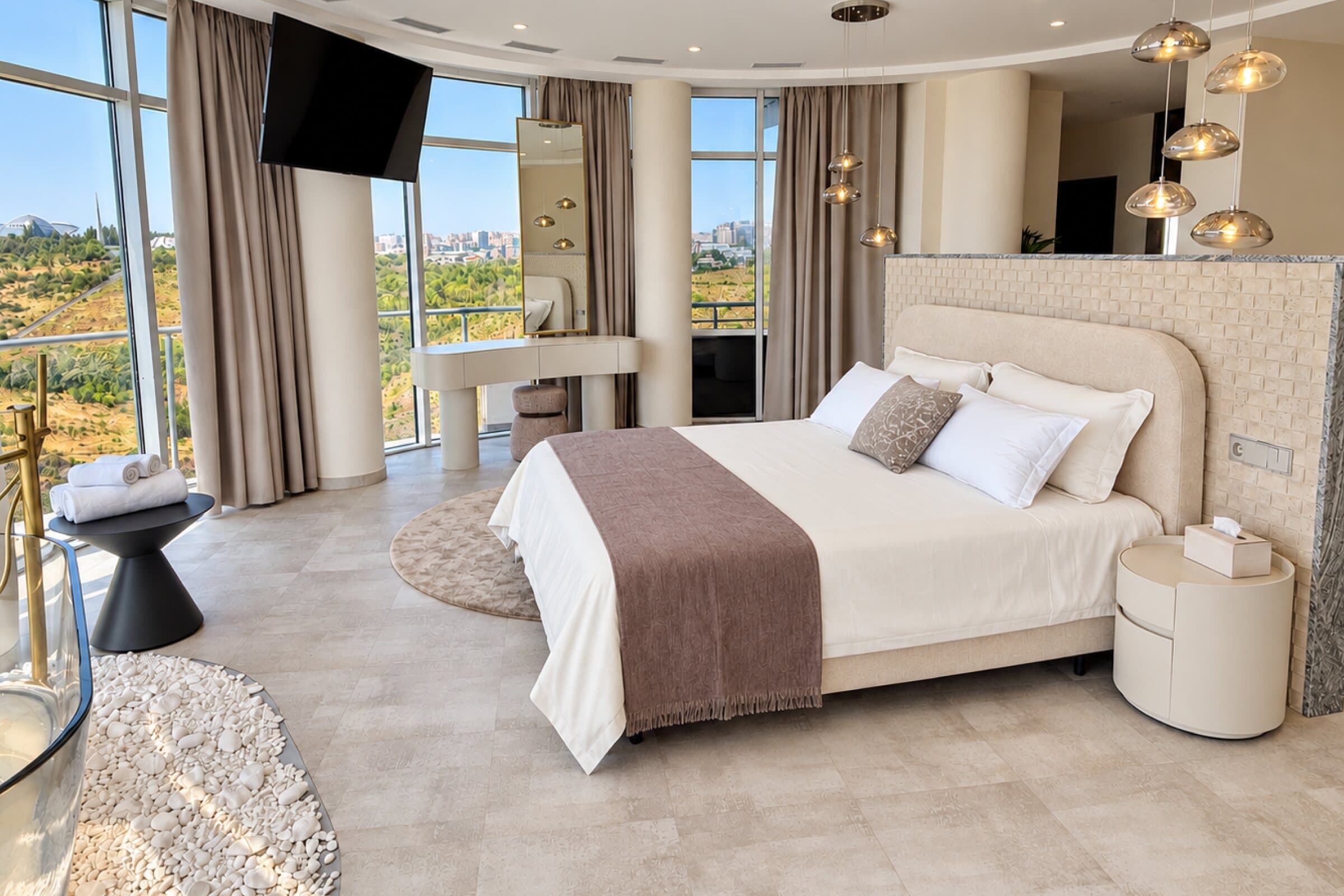 Loft bedroom with panoramic windows and pendant lights