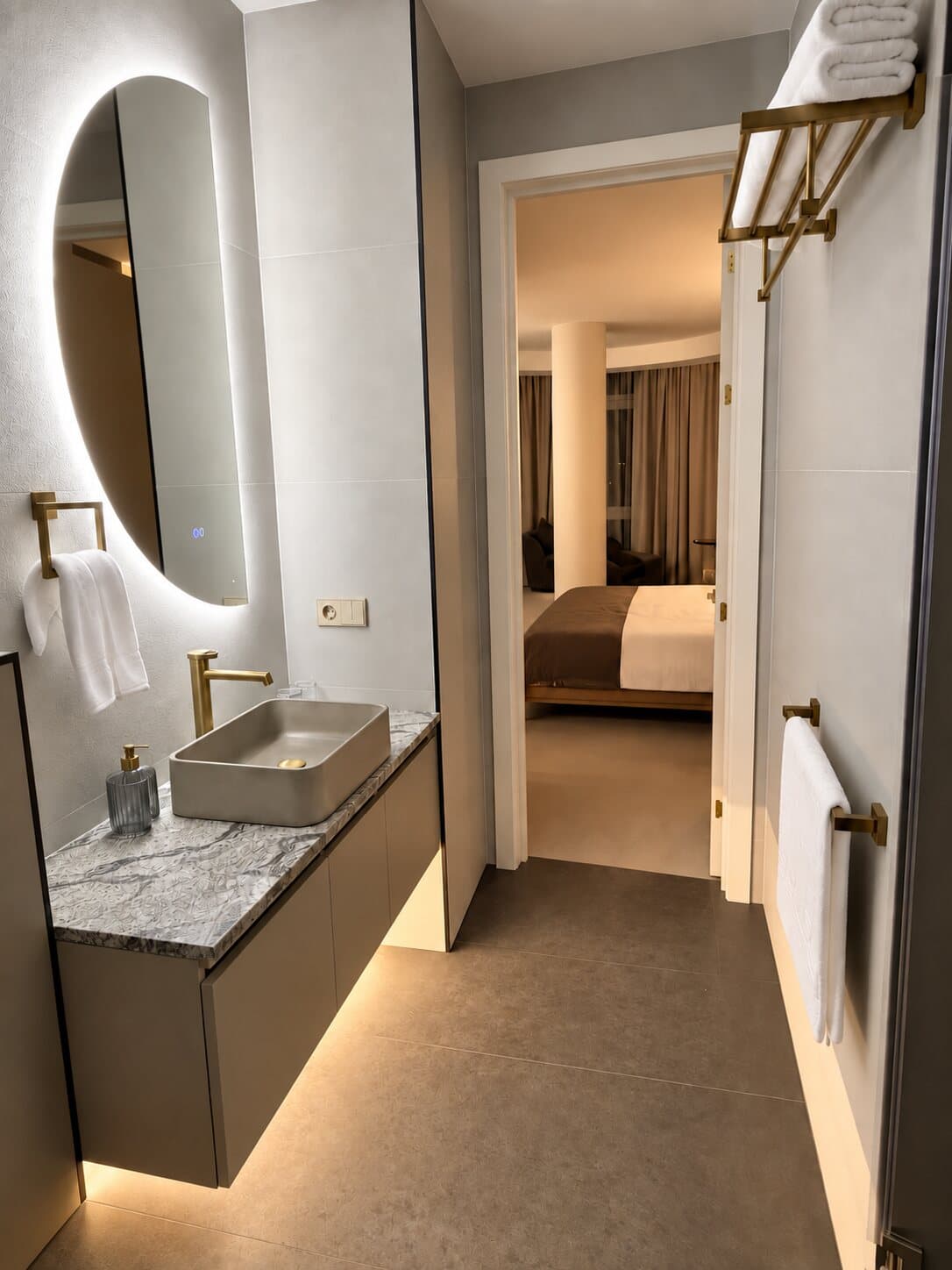 Bathroom vanity with a lit mirror