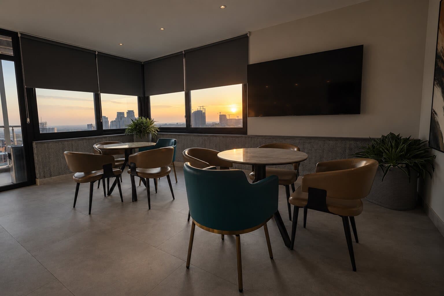 Tables by the windows with a sunset over the city