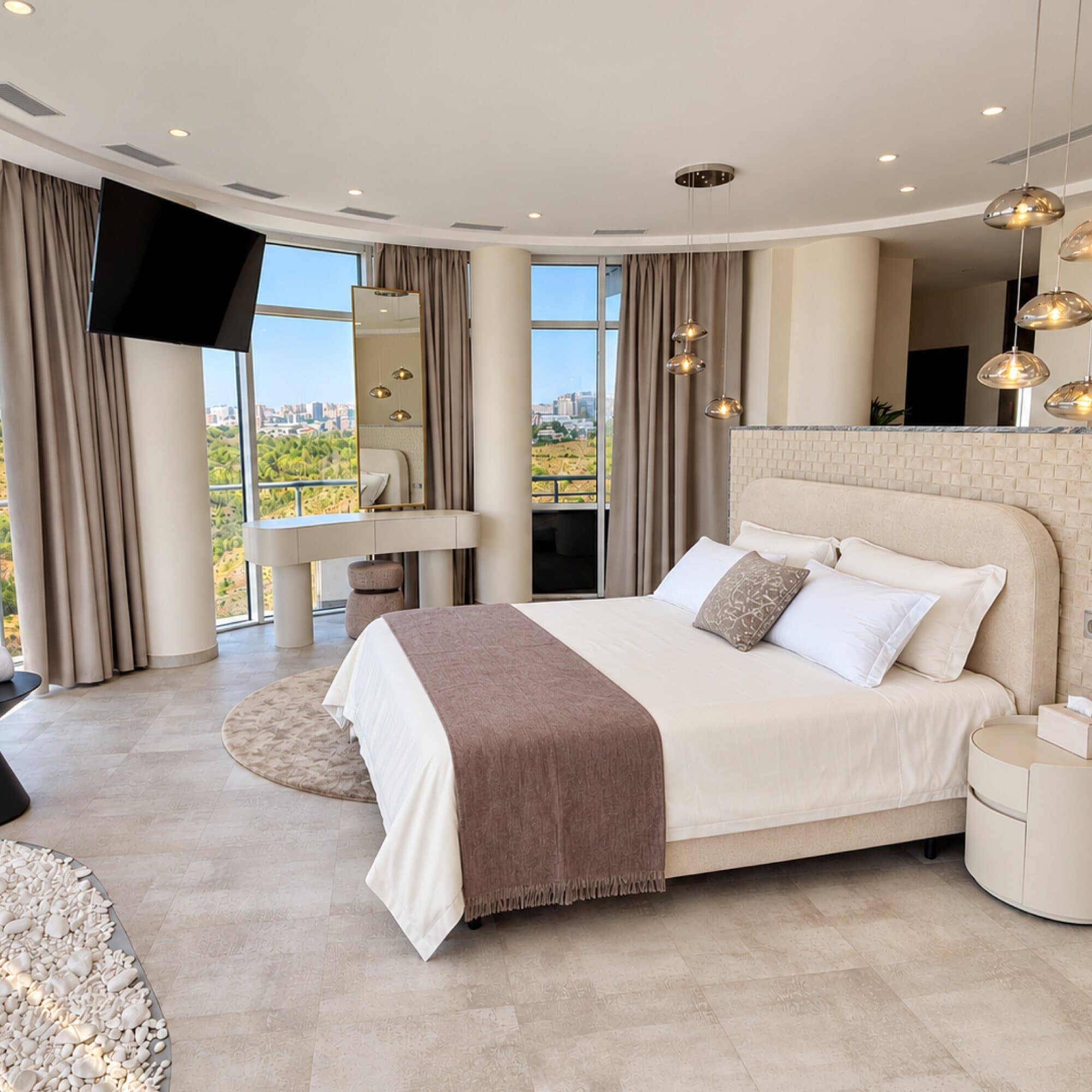 Loft bedroom with panoramic windows and pendant lights