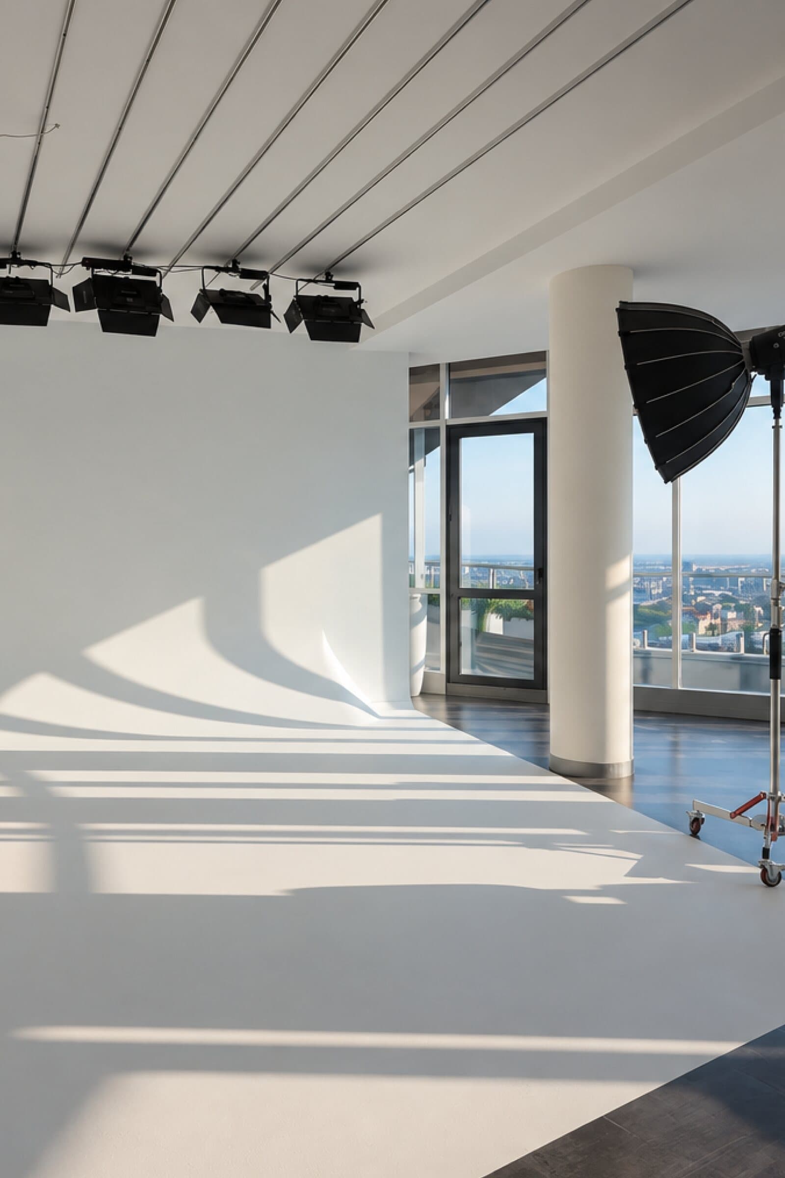 White cyclorama with a ceiling light rig and a softbox
